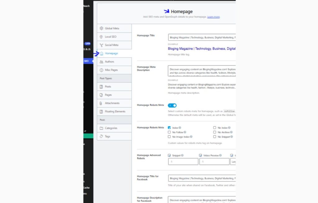 Titles & Meta → Homepage,