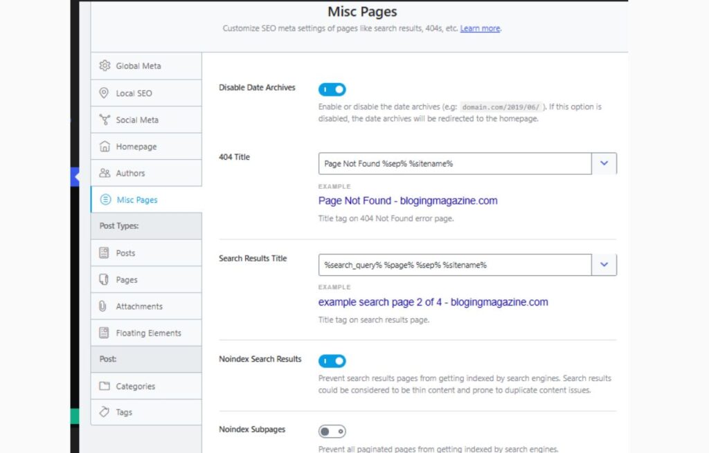 Titles & Meta → Misc Pages,